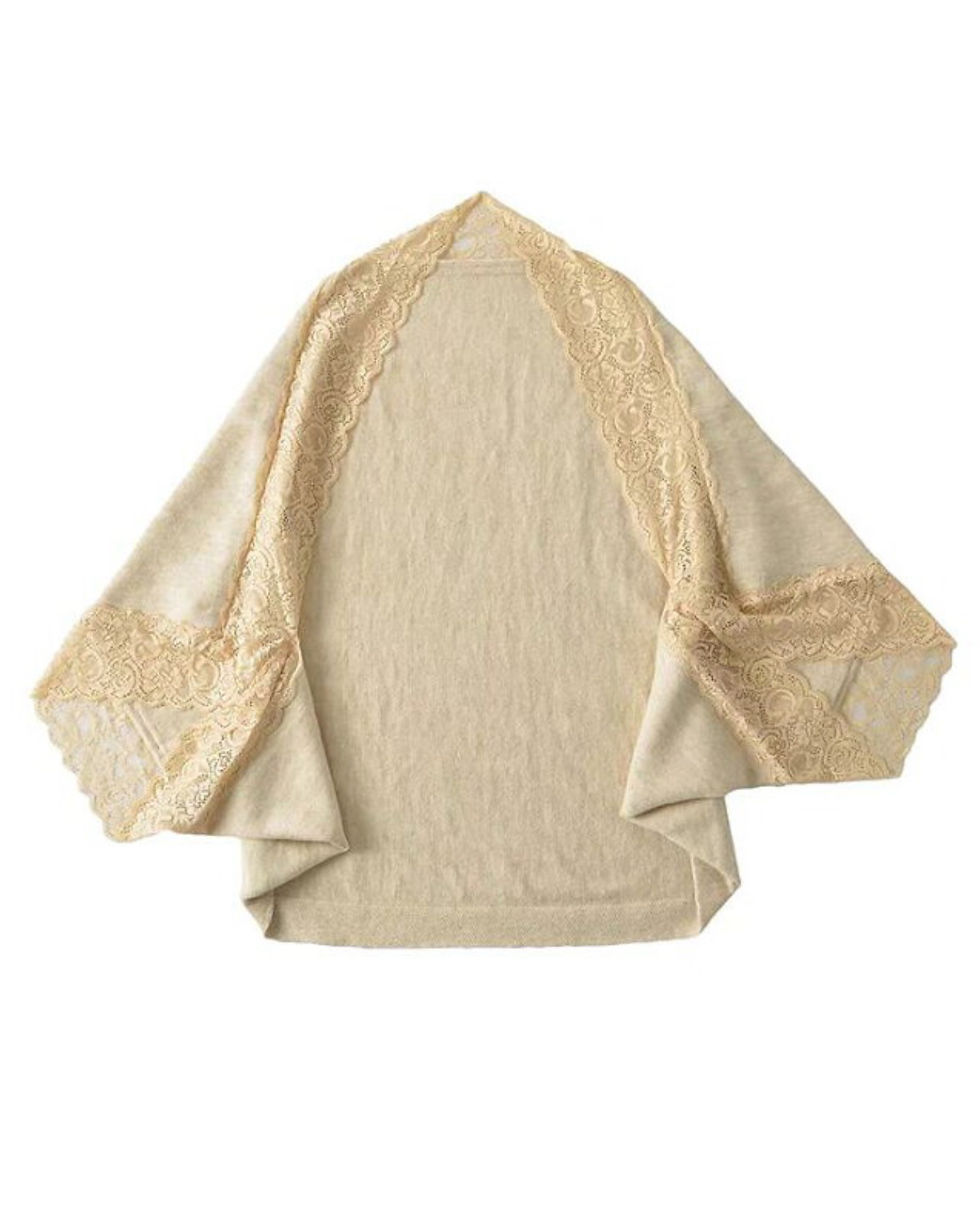 Thumbnail: Baddies Lace Trim Mini Dress & Sheer Kimono Cardigan Set – Nude Beige