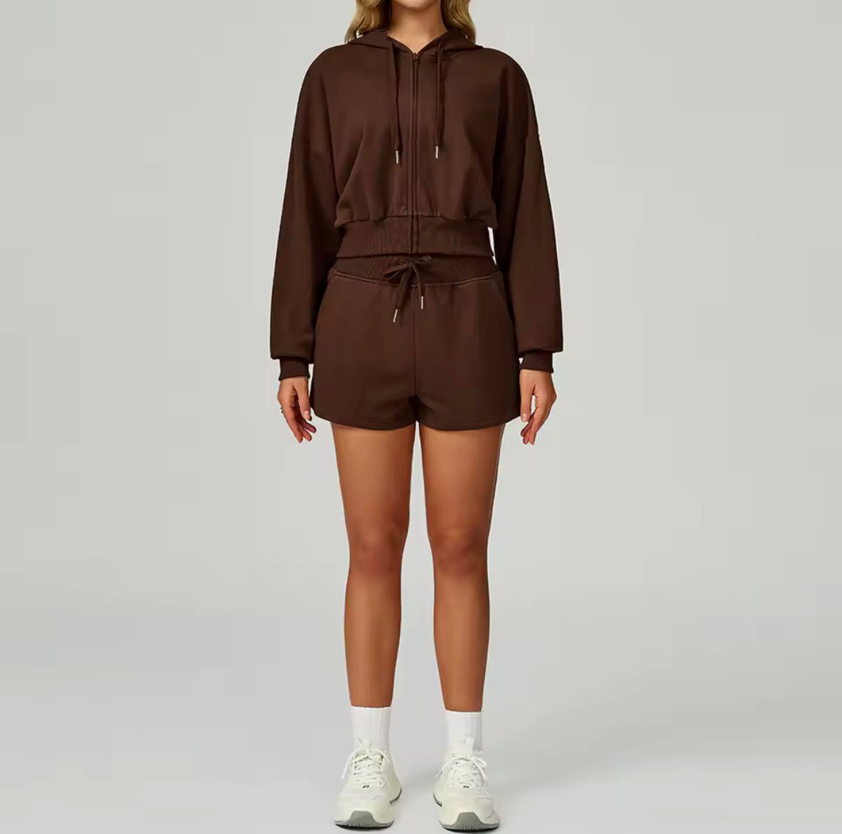Brown Zip Up Hoodie Set with Shorts Casual Loose Fit Sportswear Outfit