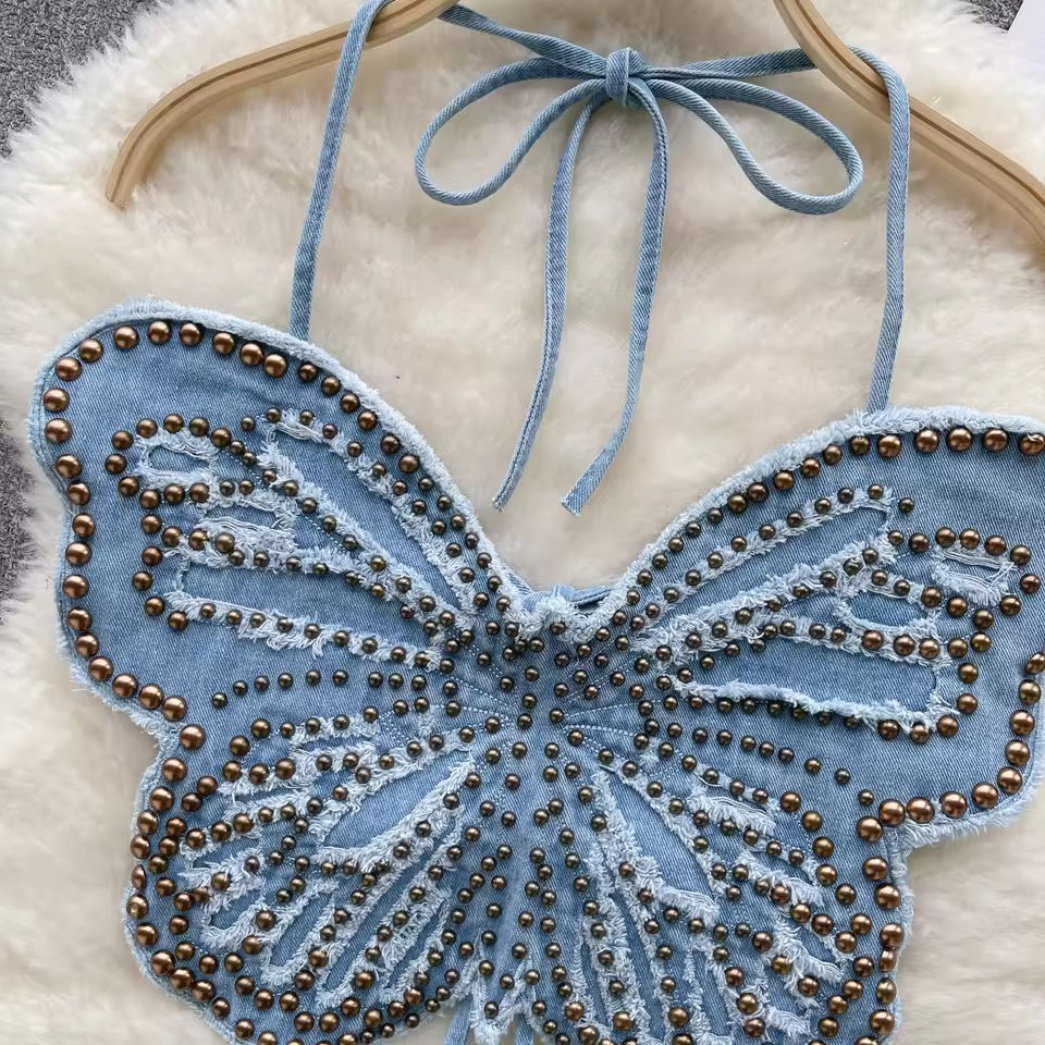 Thumbnail: Summer Denim Beaded Butterfly Design Backless Top
