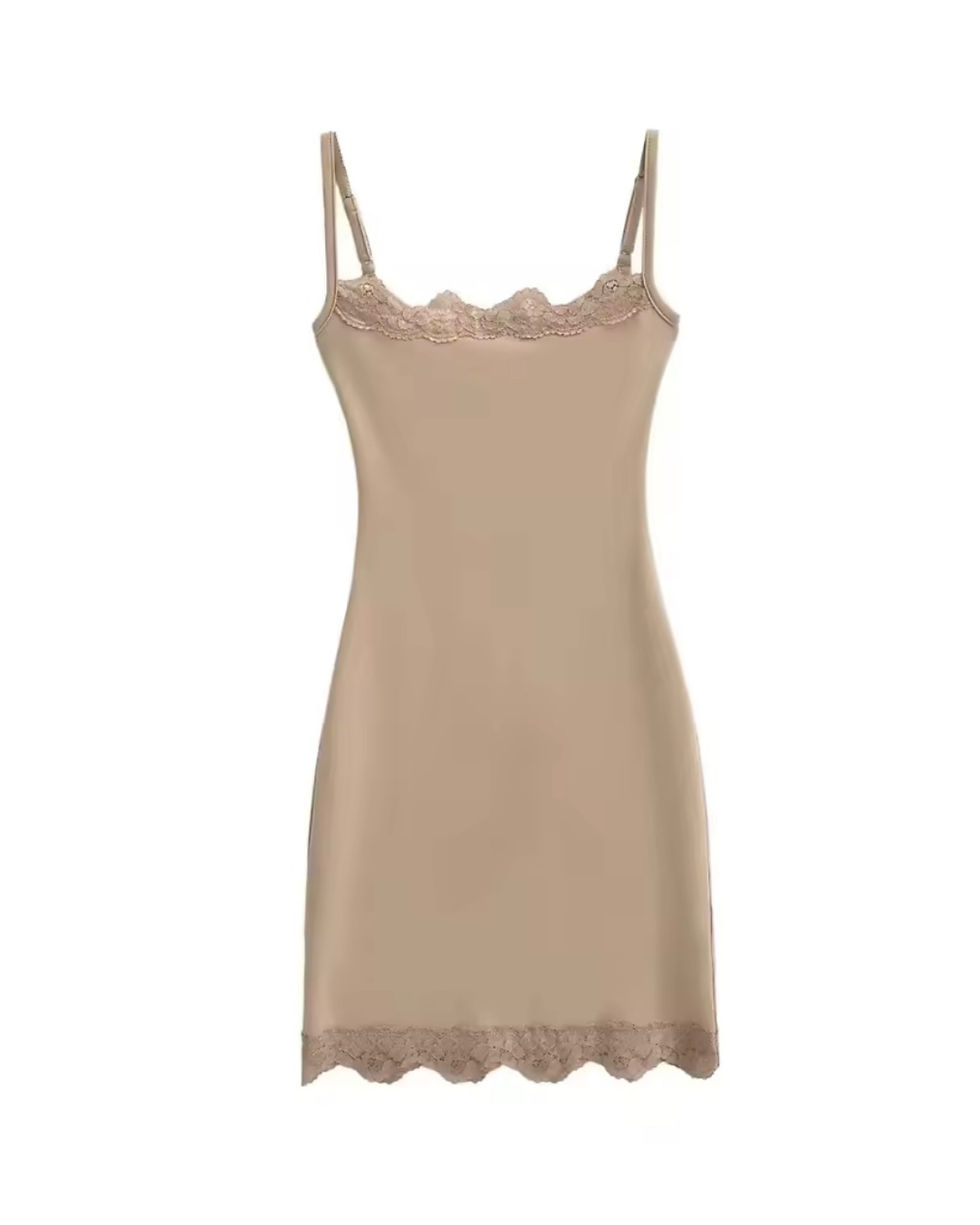 Thumbnail: Baddies Lace Trim Mini Dress & Sheer Kimono Cardigan Set – Nude Beige