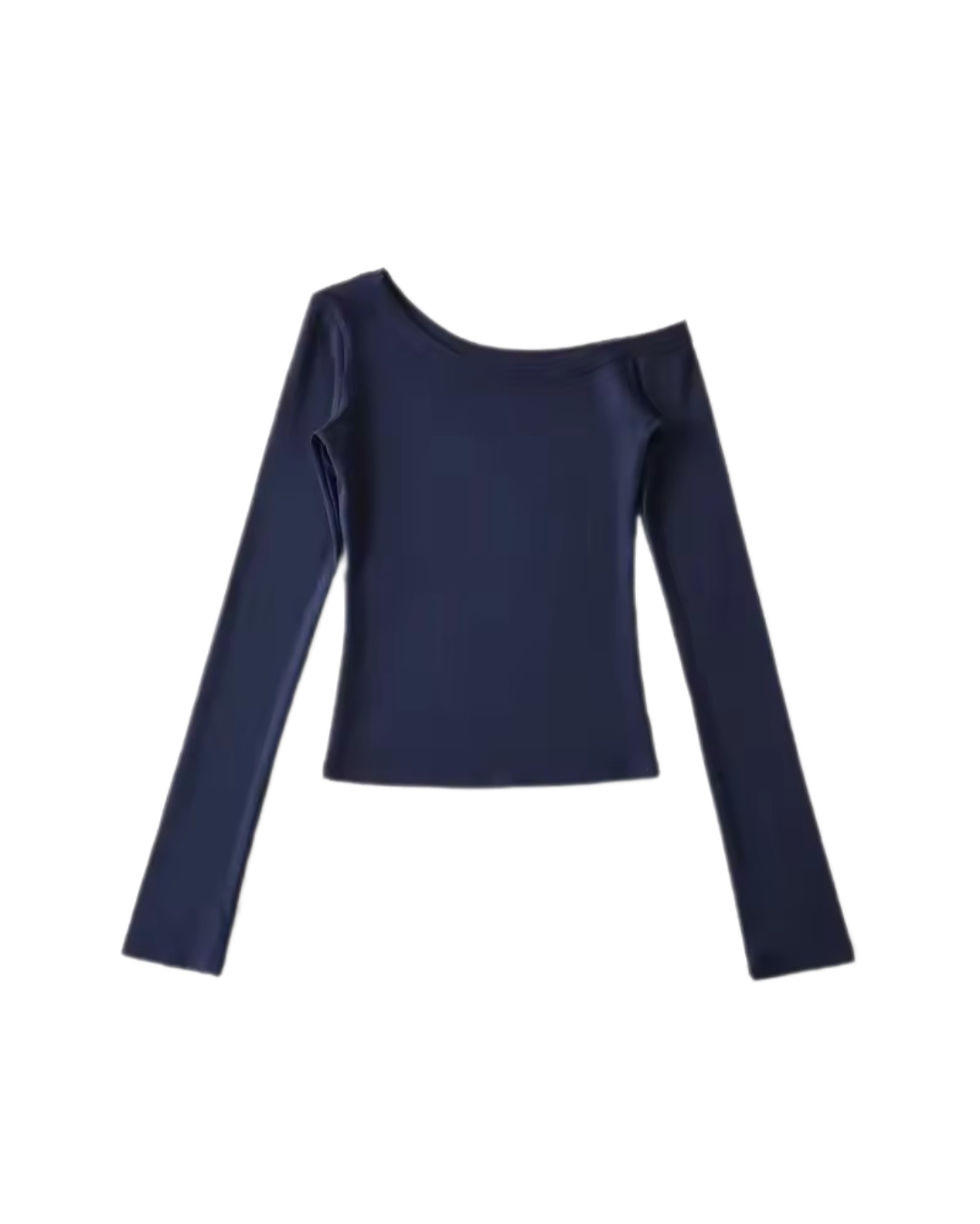 Thumbnail: Navy Blue One Shoulder Long Sleeve Fitted Top