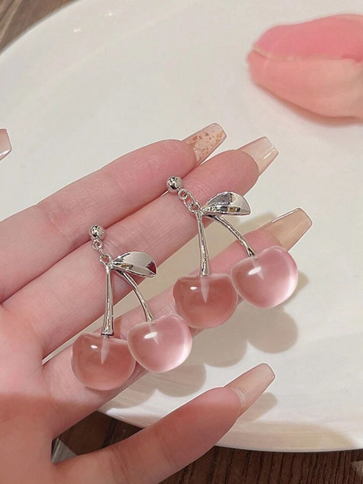 Thumbnail: Transparent Soft Pink Cherry Leaf Earrings 