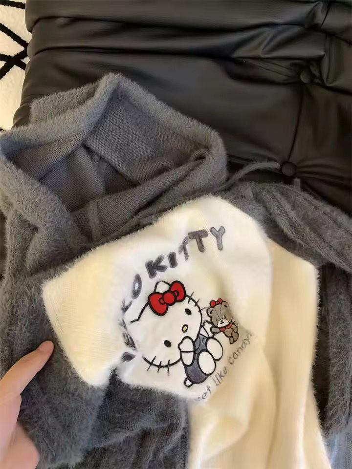 Thumbnail: Hello Kitty Embroidered Knit Hoodie – Loose Raglan Sleeve Cozy Warm Sweater 