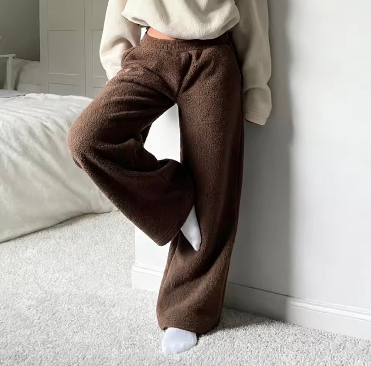 Casual Cozy Brown Fleece Wide Leg Low-Waisted Lounge Sweatpants