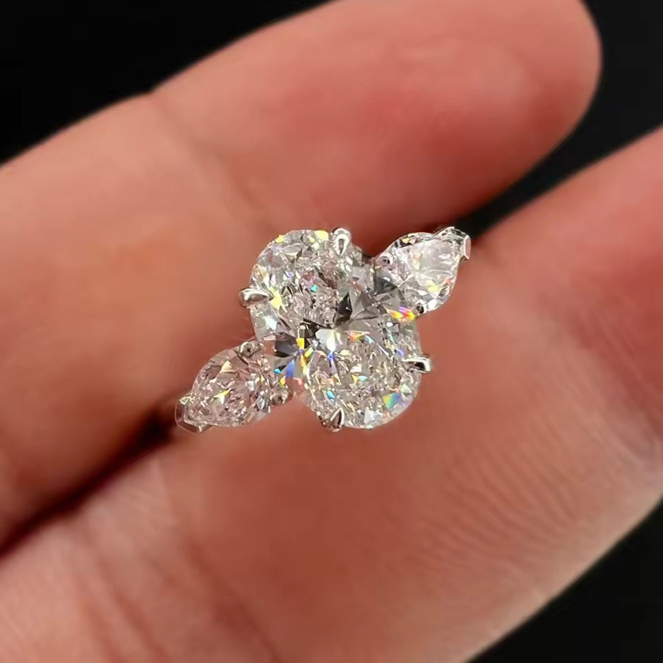 GRA Certified 2CT Oval Cut Moissanite 3-Stone (Lab Diamonds) Ring