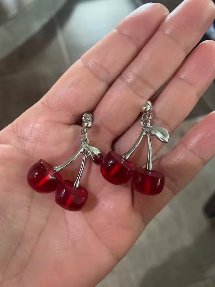 Thumbnail: Simple Silver Red Cherry Drop Earring