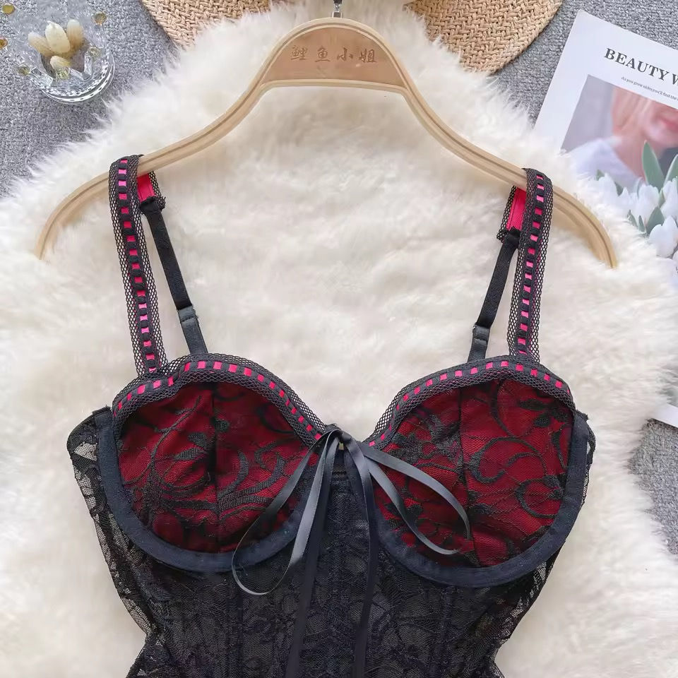 Thumbnail: Transparent Sexy Black Lace Corset Top