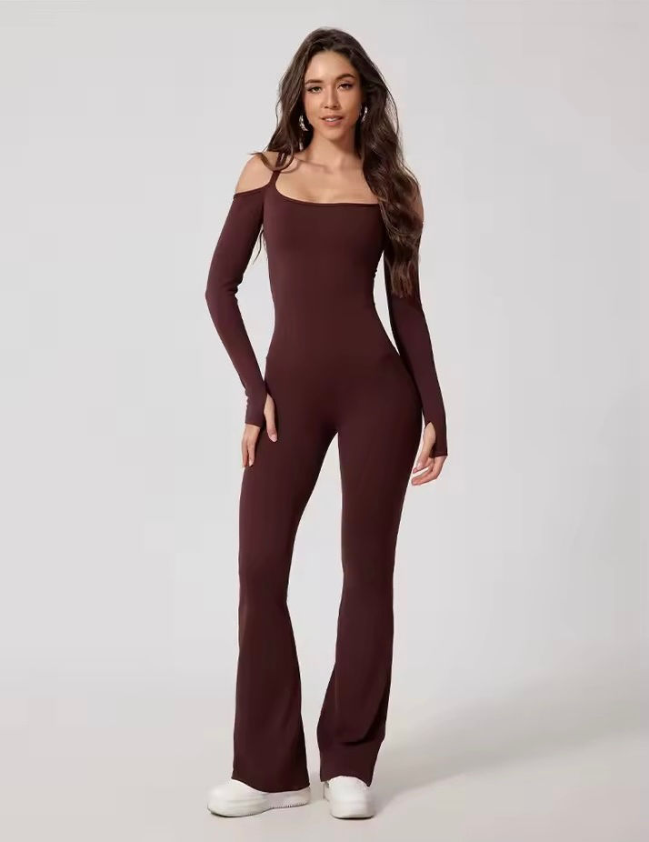 SculptFit Off-Shoulder Flare Yoga Jumpsuit – Chocolate Brown
