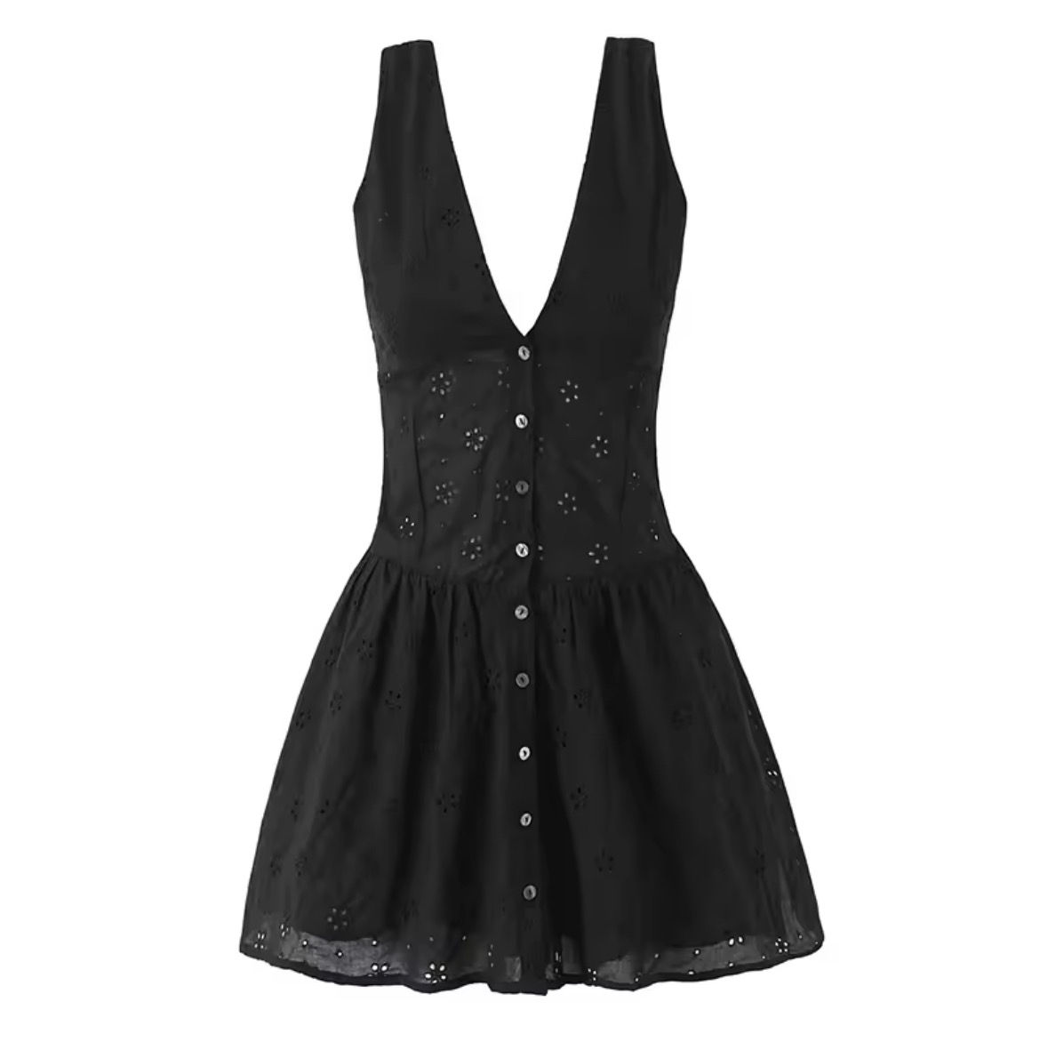 Black Cotton Embroidered Floral Mini Summer Dress