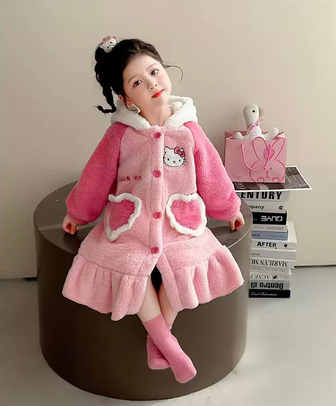 Thumbnail: Pink Thiened Winter Hello Kitty Long Robe Sleep Wear
