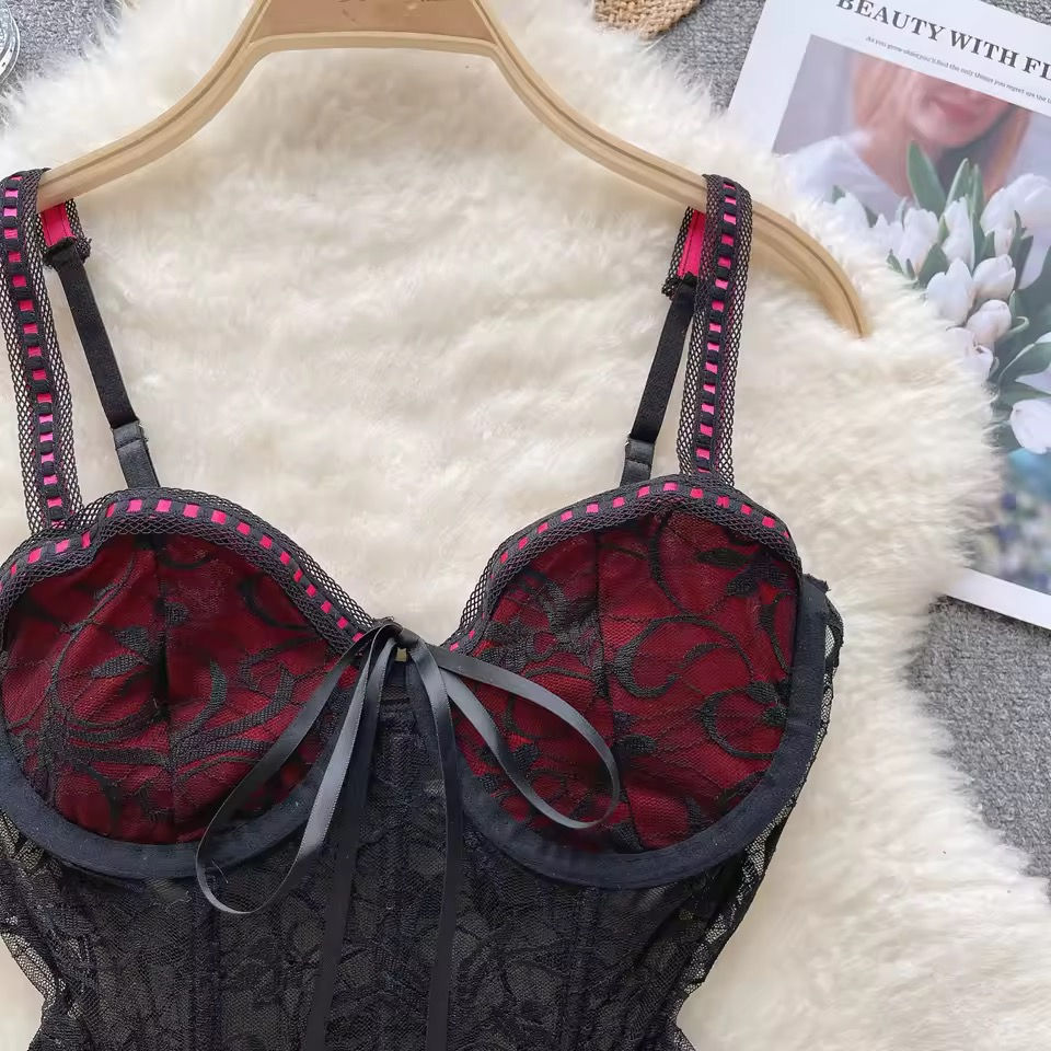 Thumbnail: Transparent Sexy Black Lace Corset Top