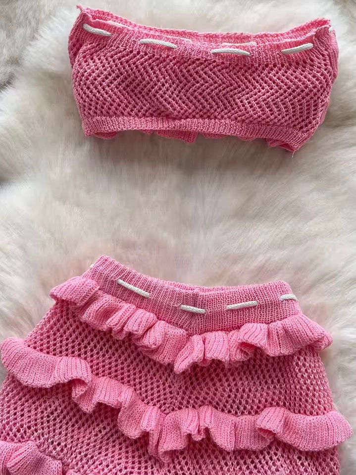 Thumbnail: Pink Beach Style Knitting Mini Top+ Shorts Set