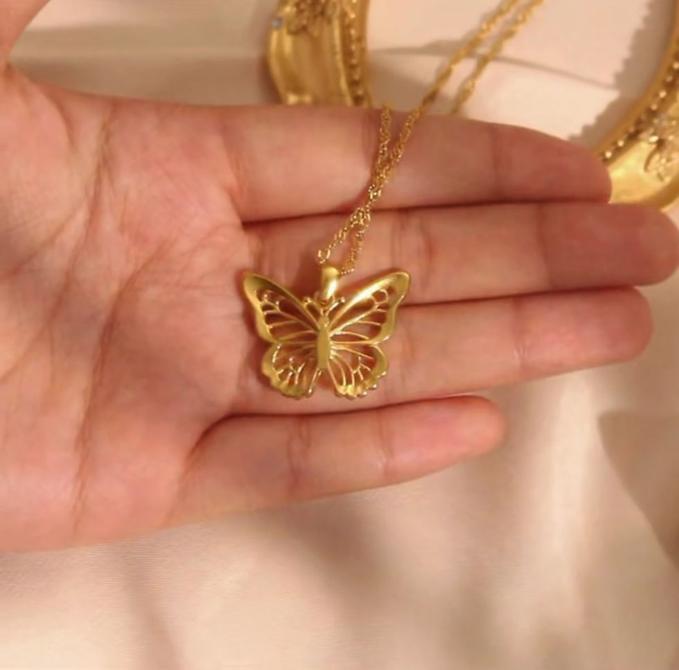 Thumbnail: Gold Stainless Steel Rhinestoned Butterfly Necklace