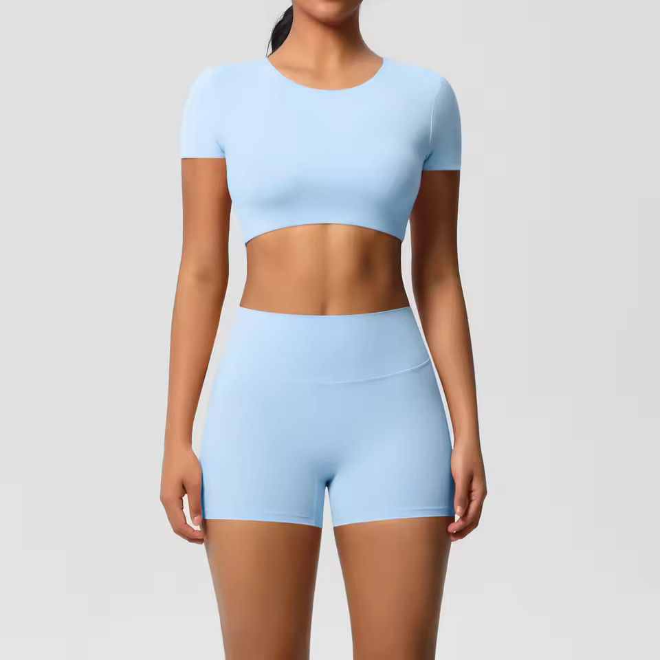Sky Blue 2 Piece Workout Set – Short Sleeve Crop Top & High Waisted Gym Shorts