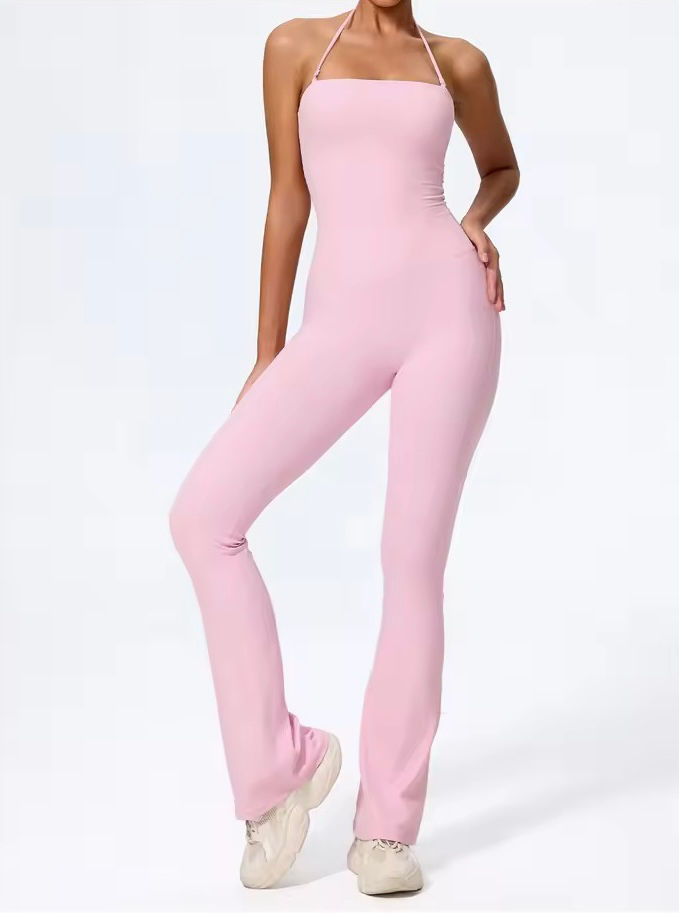 Pink Sleeveless Hang Neck Backless Flared Activewear Jumpsuit