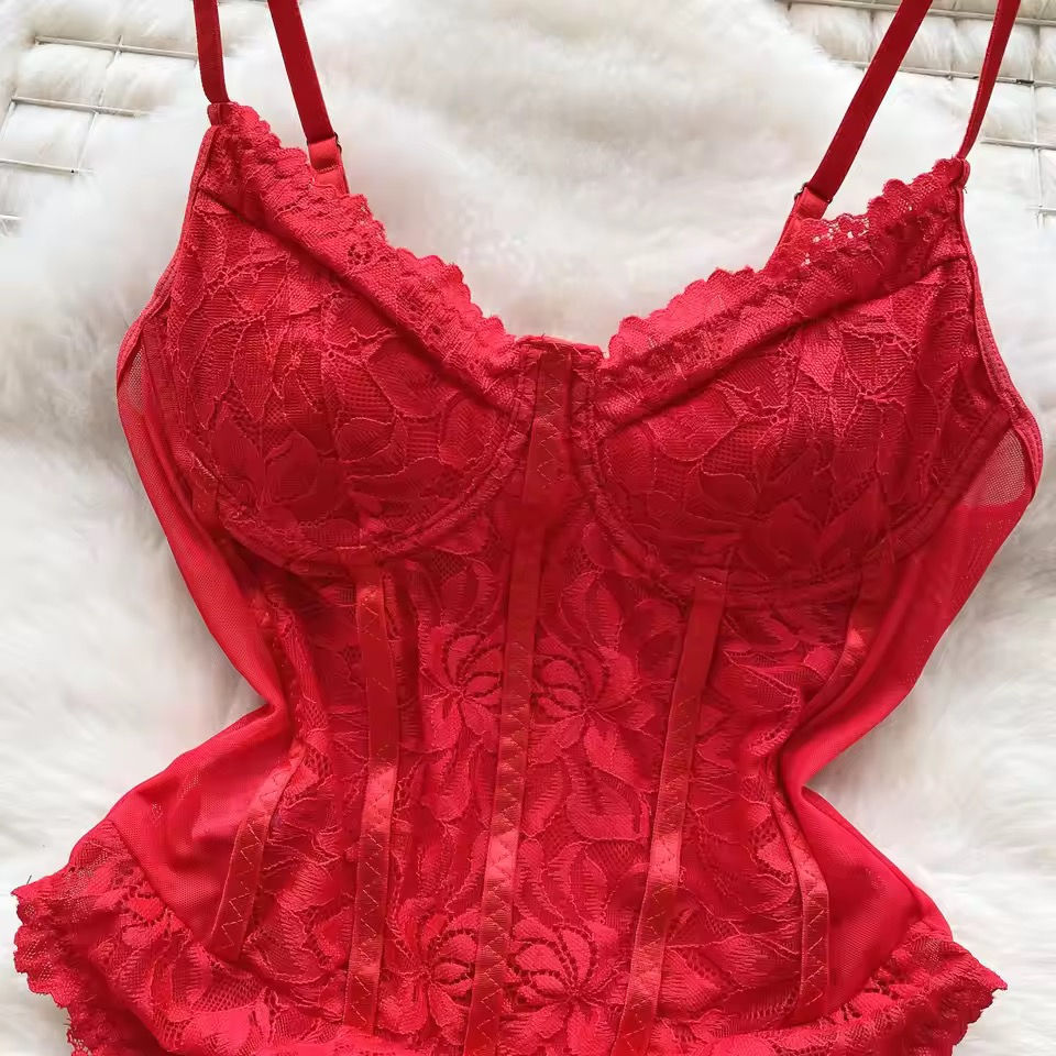 Thumbnail: Pink/Red Flower Mesh Lace Bodysuit Top