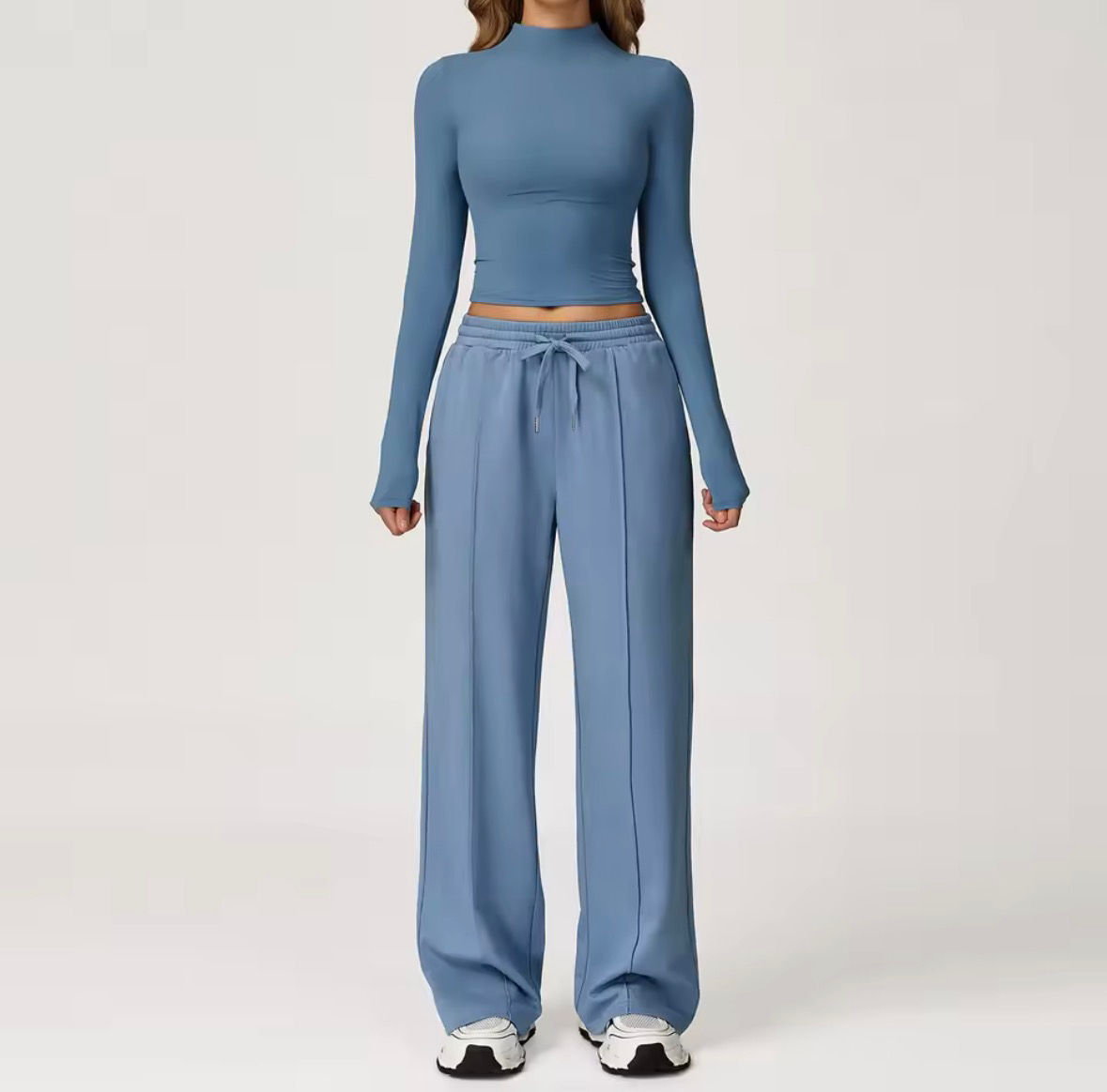 Women’s Long Sleeve Yoga Set Wide Leg Pants Soft Feel Blue Gym Wear
