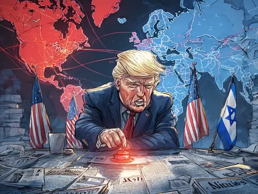 Illustration of former President Donald Trump pressing a glowing red button on a cluttered war room table covered with newspapers. Behind him is a large world map showing red lines indicating military action from the U.S. toward the Middle East. American and Israeli flags flank both sides of Trump, emphasizing the alliance. The scene is dramatic and tense, evoking themes of global conflict, diplomacy, and preemptive action.