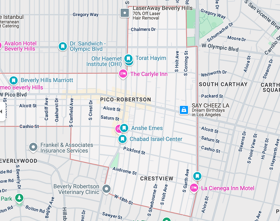 Map showing the Pico-Robertson neighborhood of Los Angeles, highlighting key landmarks such as Anshe Emes, Chabad Israel Center, Torat Hayim, and popular locations like The Carlyle Inn and Say Cheez LA. The map includes major streets like Pico Blvd, Robertson Blvd, and Olympic Blvd, with clear labeling of the area where a recent suspicious activity alert was issued.