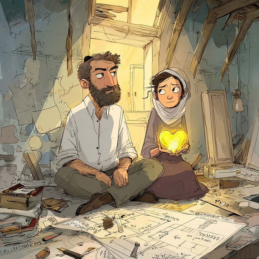 Illustration of a visibly Orthodox Jewish couple sitting on the floor of a damaged, partially rebuilt home. The man, wearing a kippah and white shirt with a beard, looks contemplative while the woman, modestly dressed with a headscarf, gently holds a glowing golden heart in her hands. Around them lie Hebrew-labeled blueprints, sefarim (Jewish books), and scattered building tools. Sunlight streams in from a broken window, symbolizing warmth, hope, and the spiritual rebuilding of their relationship.