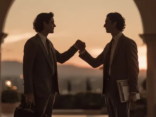 Two young Jewish lawyers in suits exchange a fist bump under a grand archway at sunset. One holds a leather briefcase, the other carries folders and a rolled-up legal pad. The background shows a serene California skyline, symbolizing friendship, mentorship, and professional solidarity.