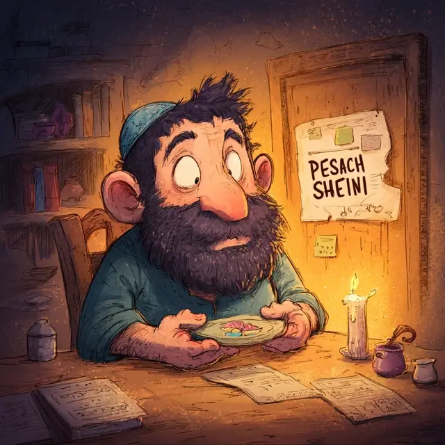 Cartoon-style illustration of a bearded Orthodox Jewish man sitting alone at a candle-lit table, holding a small seder plate. Behind him, a torn sign on the wall reads "Pesach Sheini." Papers and religious texts are scattered on the table, symbolizing reflection and a second chance to reconnect spiritually. The mood is warm and introspective.