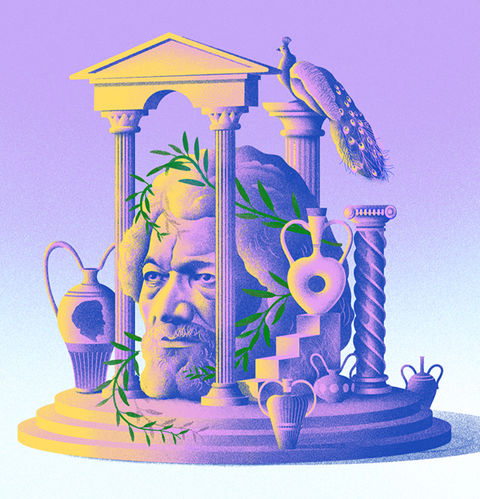 Digital illustration Frederick Douglass's head is placed at the centre surrounded by ancient Greek objects such as plynths, ceramic pottery, pillars and a peacock.