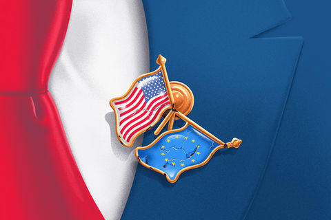 Close up of Donald Trumps suit and red tie, showing a US/EU unity badge which has been battered and broken.