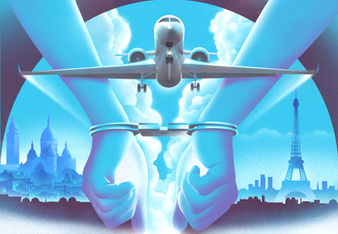 Illustration of hand cuffed wrists and private jet flying between arms with Paris skyline in background.