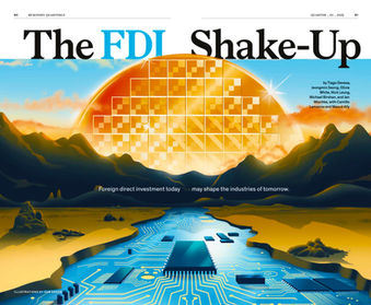 Silicon chip rises like a sun over the mountainous horizon.  I river of computer circuits and chips in the foreground