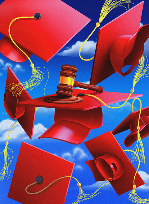 Illustration of red MAGA-style graduation caps flying through the air, centre hat has a judges hammer on top. 