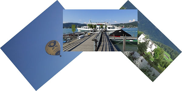 Collage mit Heißluftballon, Schiff und Schloss