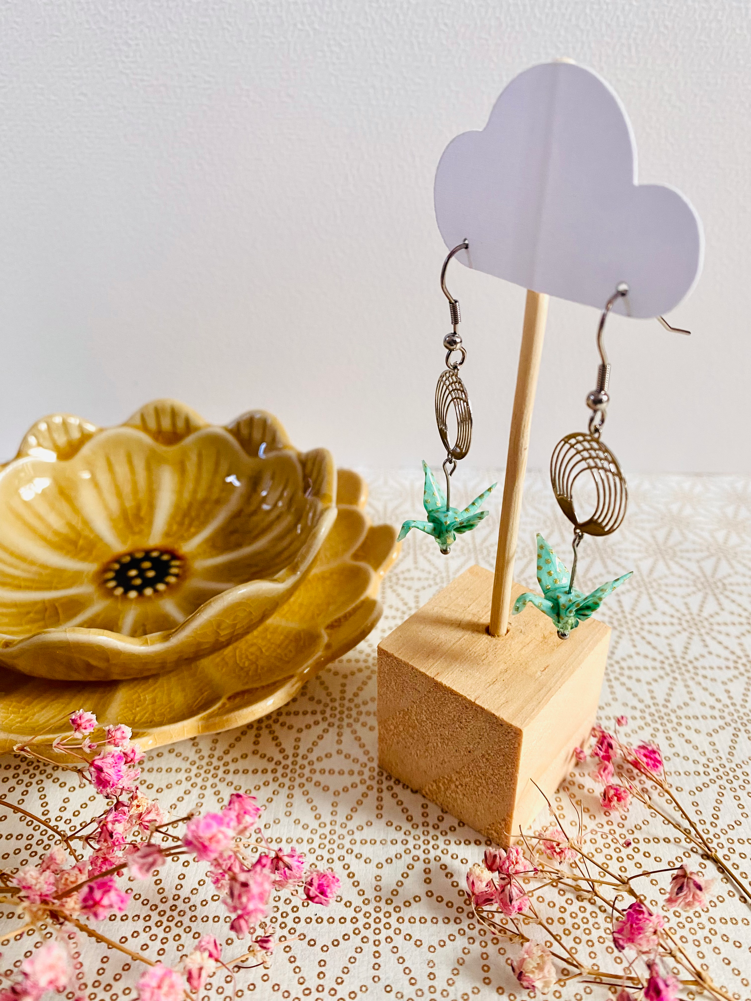 Boucles d’oreilles origami – Grues avec estampe - menthe