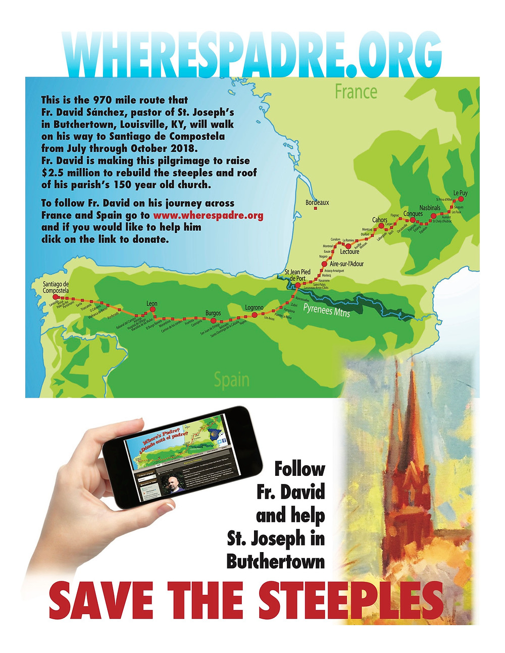 Ruta de la caminata que seguirá el Padre David Sánchez para recolectar fondos para salvar las torres de la Iglesia de San Jose.