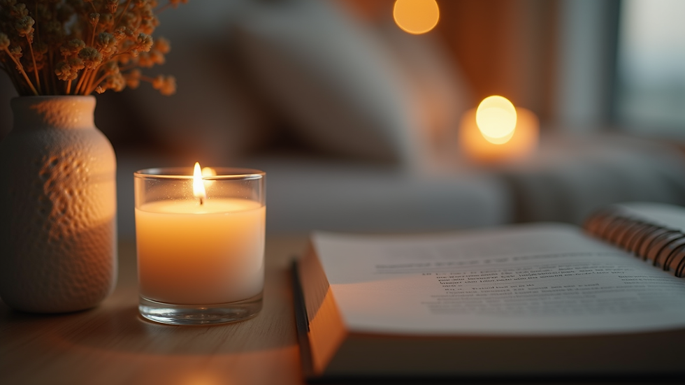 Close-up view of a softly lit candle and a meditation journal on a bedside table