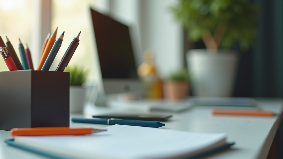 Close-up of a desk organizer with pens and office supplies