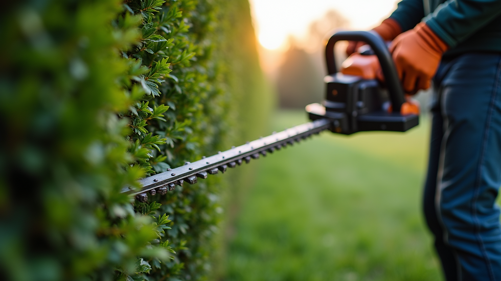 Close-up view of professional hedge trimming equipment in use