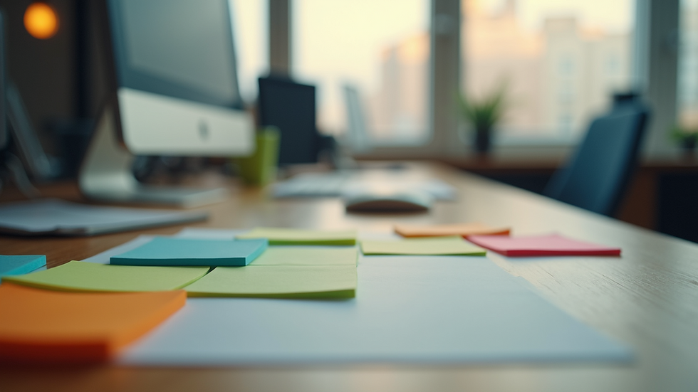 Eye-level view of a desk with colorful sticky notes and a magnetic board