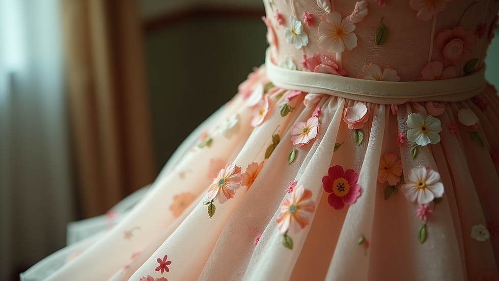 Close-up view of a floral dress form with intricate flower patterns