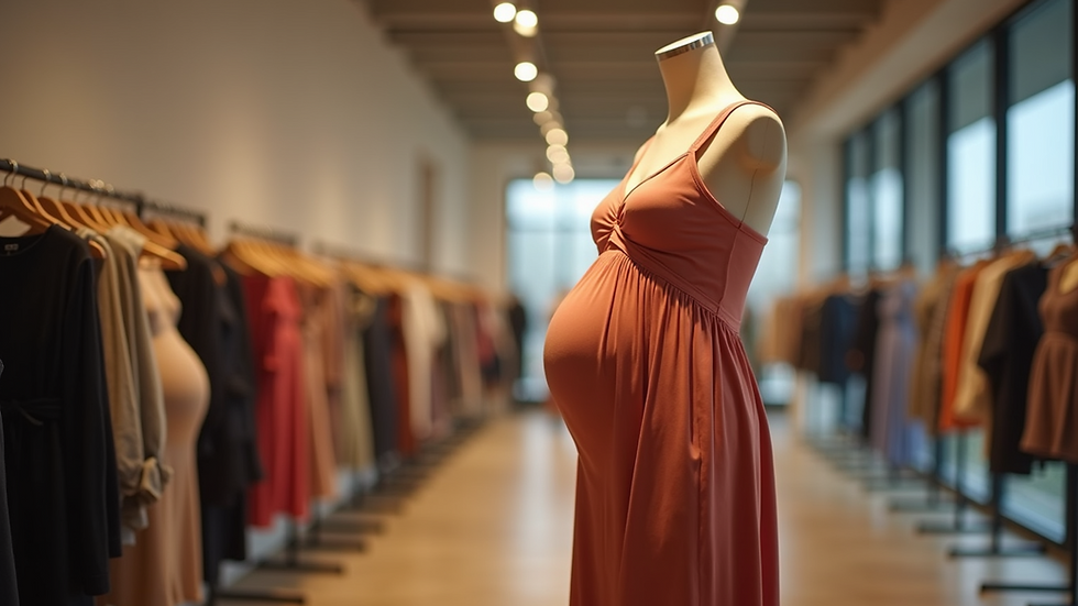 Eye-level view of maternity display mannequin wearing a stylish maternity dress