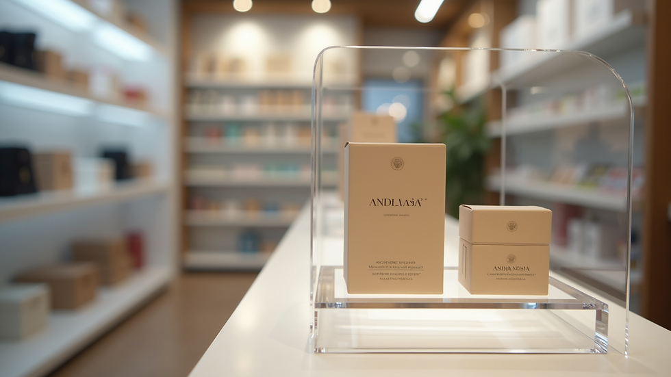 Eye-level view of acrylic display stand holding small retail products