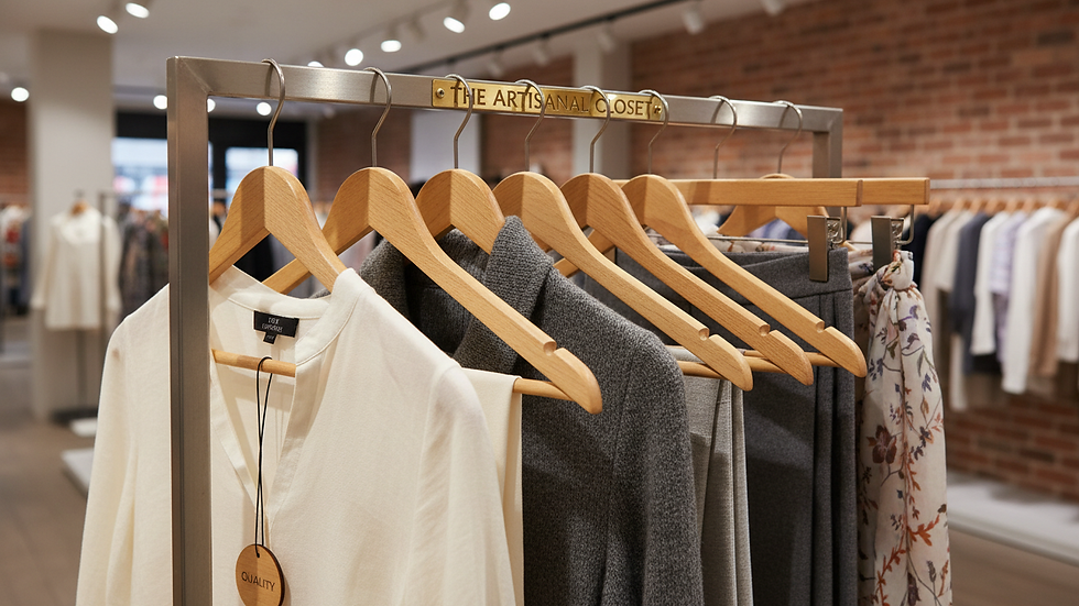 Eye-level view of wooden hangers neatly arranged on a store display rack