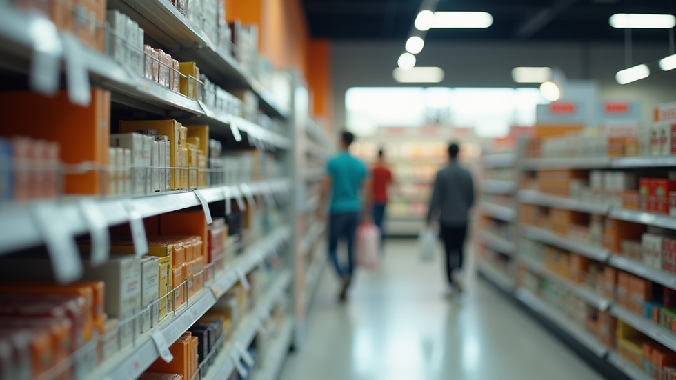 High angle view of a retail store shelf with products and loyalty program signage