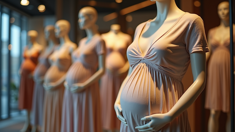Eye-level view of maternity display mannequin wearing casual maternity dress