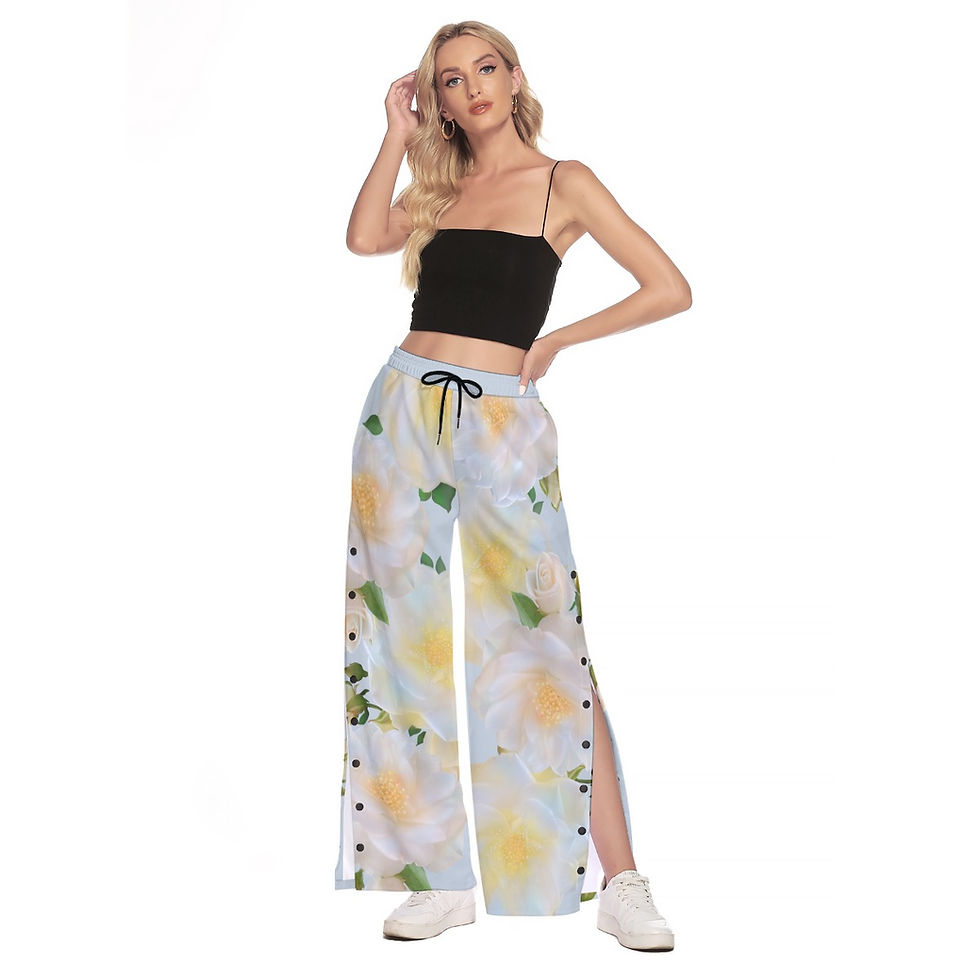 Thumbnail: Ladies Side Slit Snap Button Trousers White Roses Light Blue