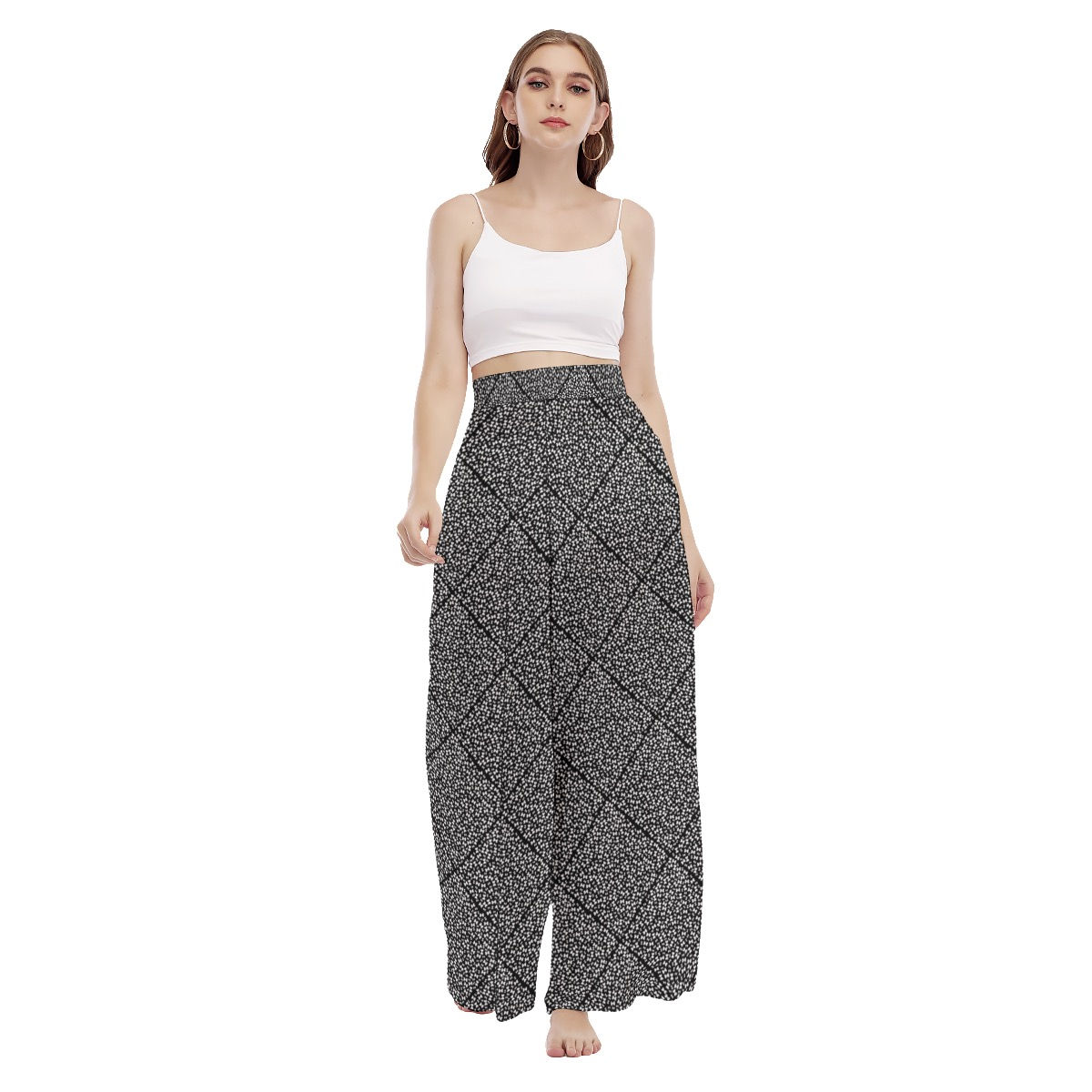 High Waist Wide Leg Trousers White Black Butterflies Diamond Print