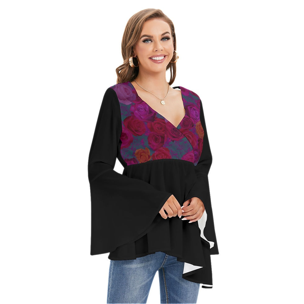 Thumbnail: V-neck Blouse With Flared Sleeves Multi-Color Roses & Black