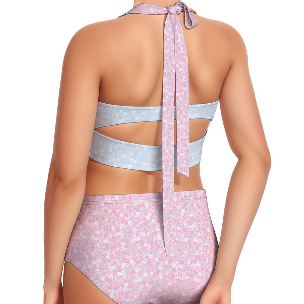 Thumbnail: Halter Tie Bikini Swimsuit Two Piece Blue Pink Flower Print