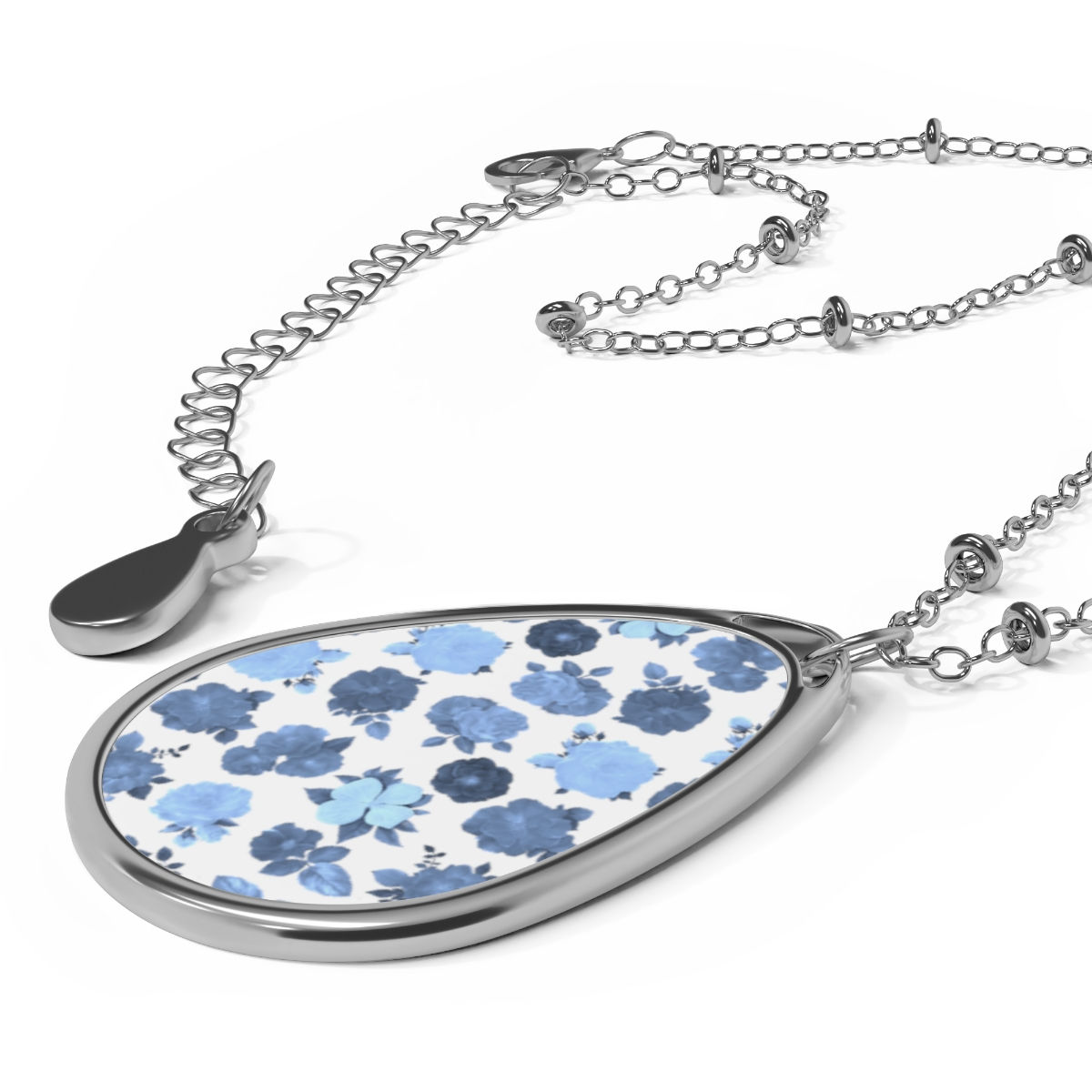 Oval Necklace Blue White Floral