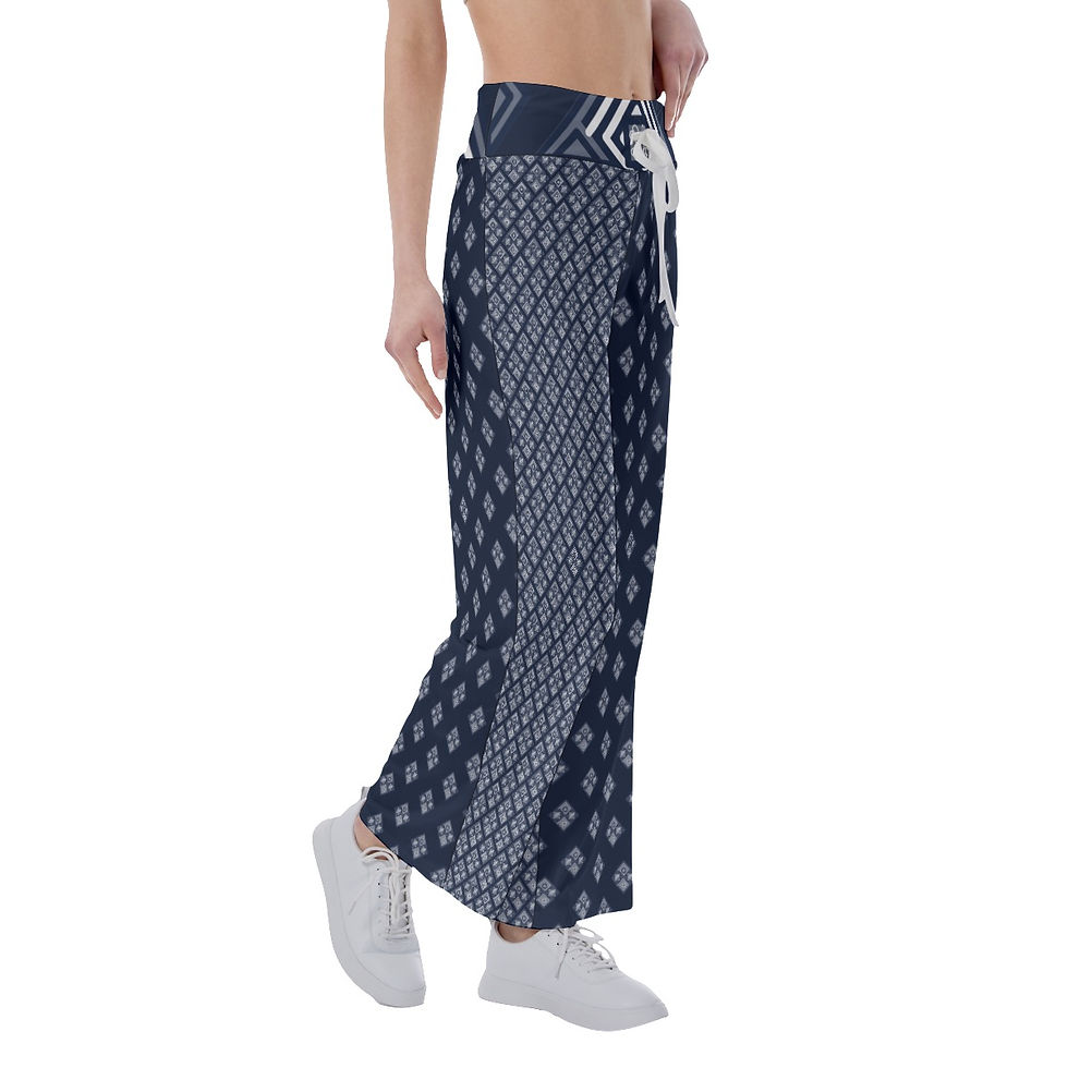 Thumbnail: High-waisted Straight-leg Trousers Tie Front Navy Blue é Diamond Print